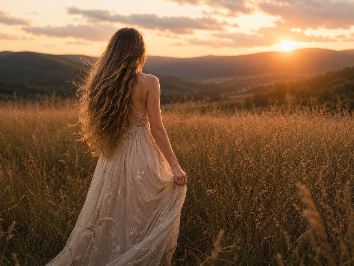 A woman with long light brown hair in a flowing dress stands in a golden field at sunset, facing the horizon.