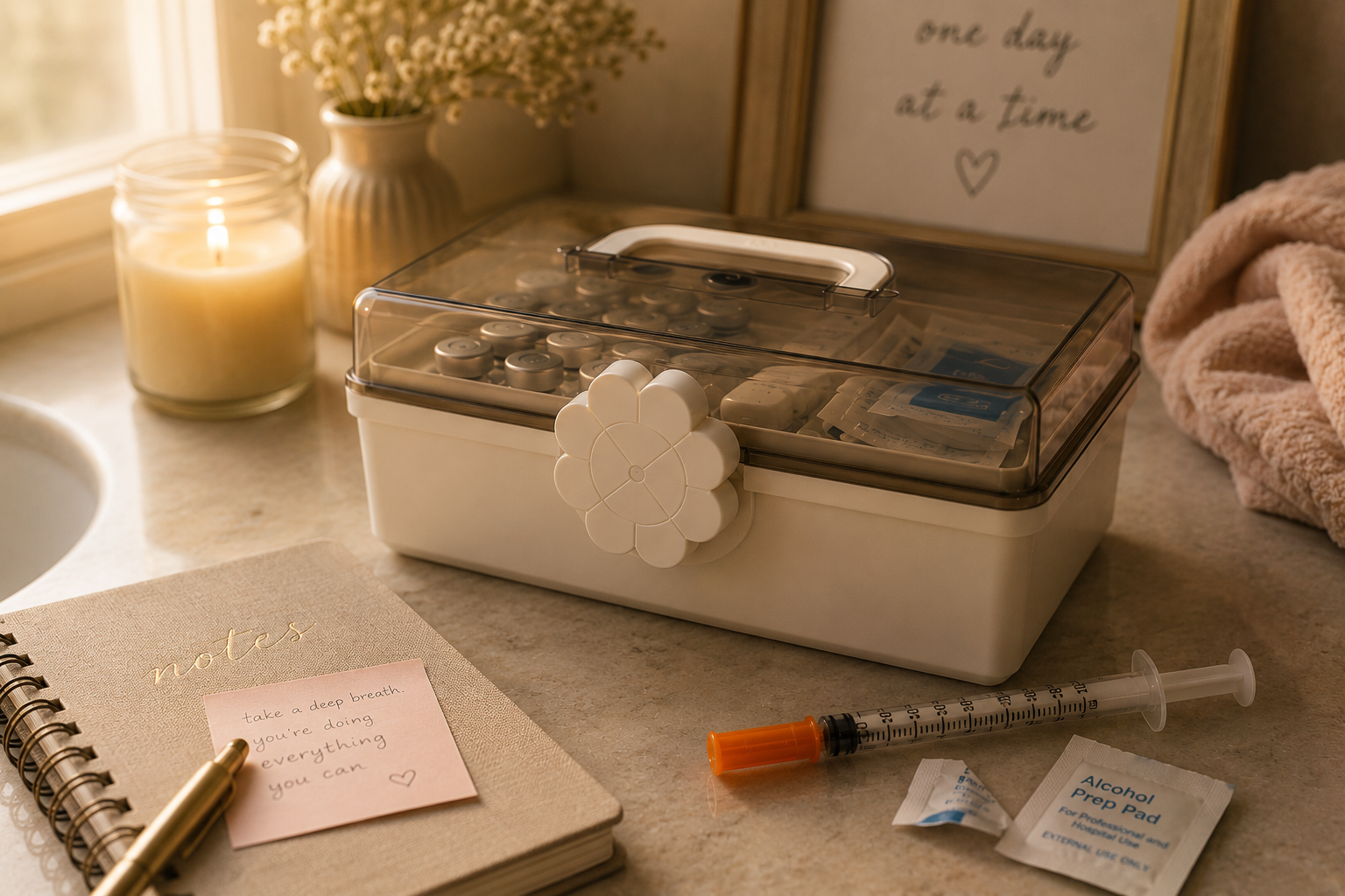 “IVF medication storage box with fertility shots and supplies during an infertility journey.”