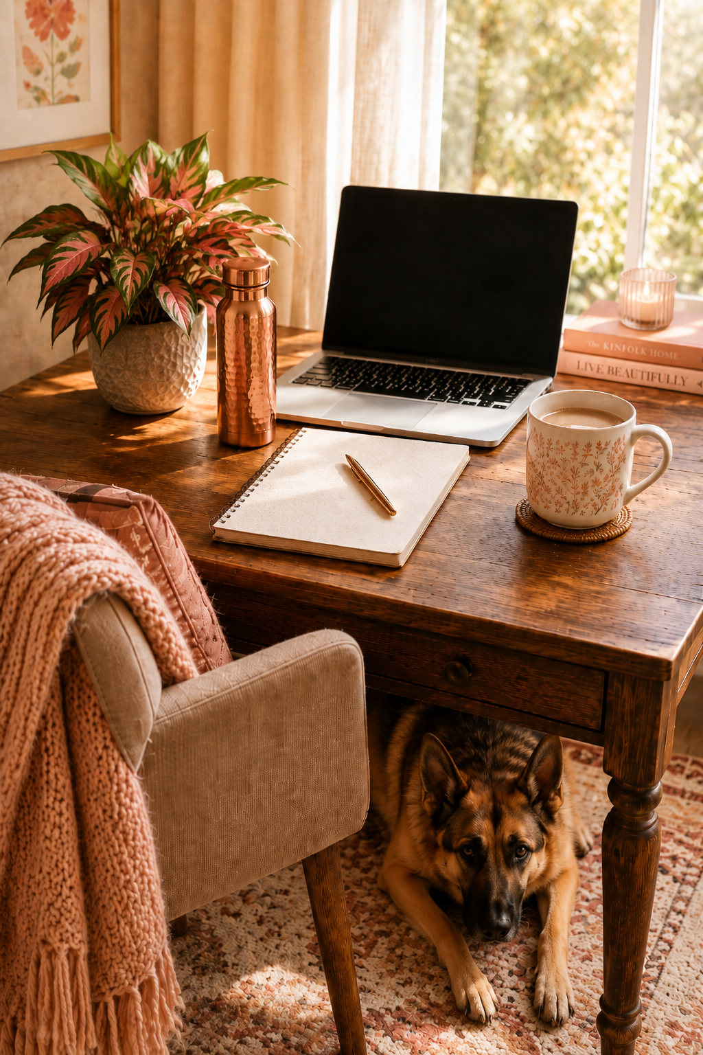 Cozy home office scene with a wooden desk by a sunlit window, an open laptop, spiral notebook, copper water bottle, patterned coffee mug, and a natural pink-and-green houseplant, with a German shepherd lying under the desk on a patterned rug.