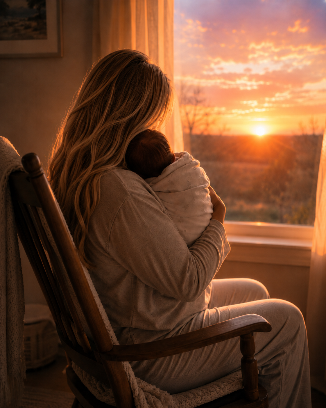 A mother gently rocks her newborn in a chair by the window as the sun rises, filling the quiet room with warm golden light.