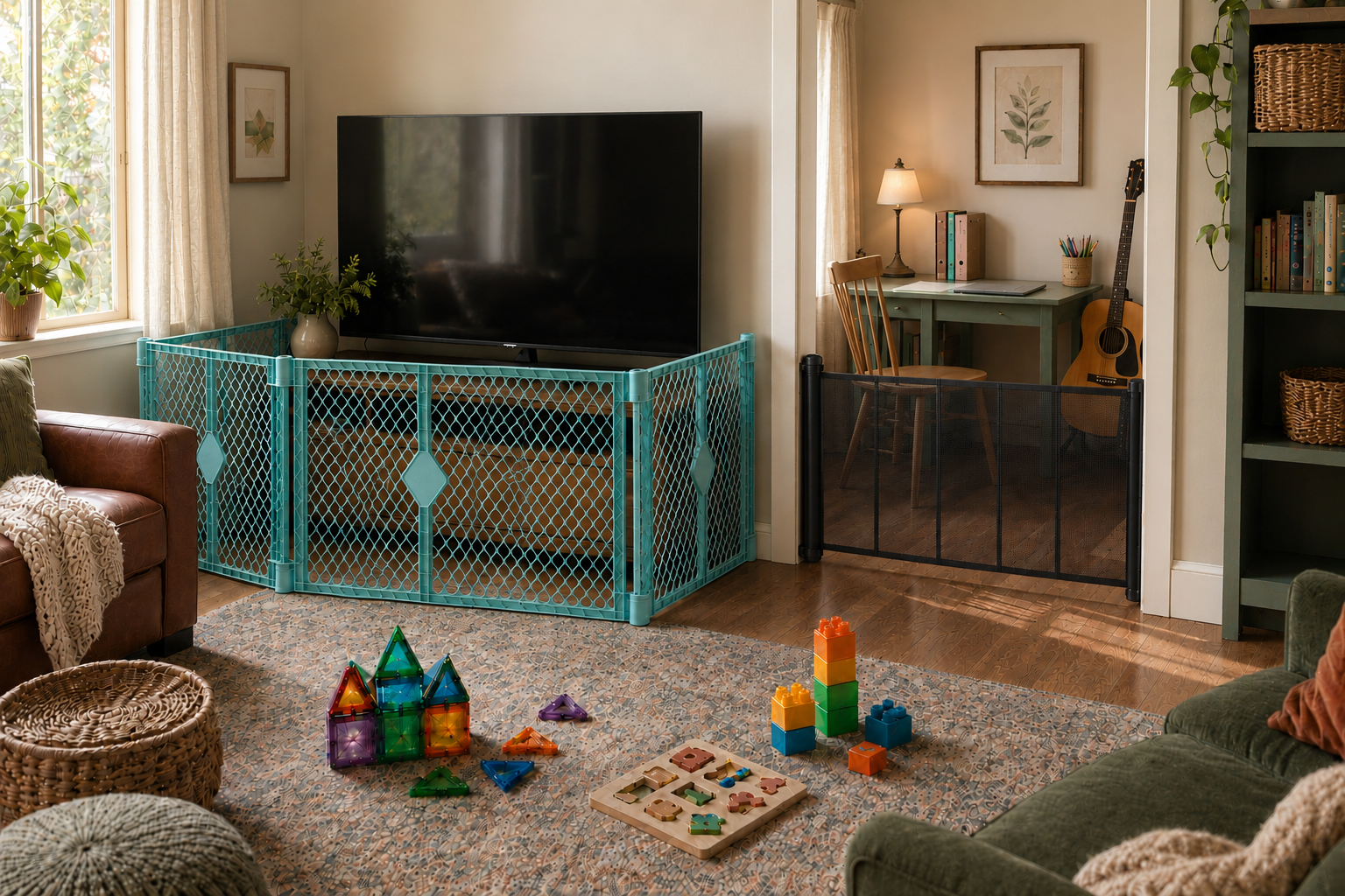 Baby-proofed family room with a turquoise play yard around the TV and a black retractable gate separating the homeschool area.