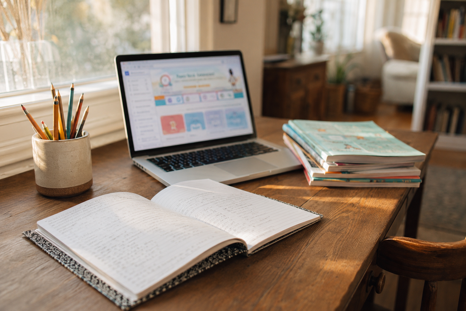 Cozy homeschool desk with an open laptop, workbooks, and pencils in warm golden light