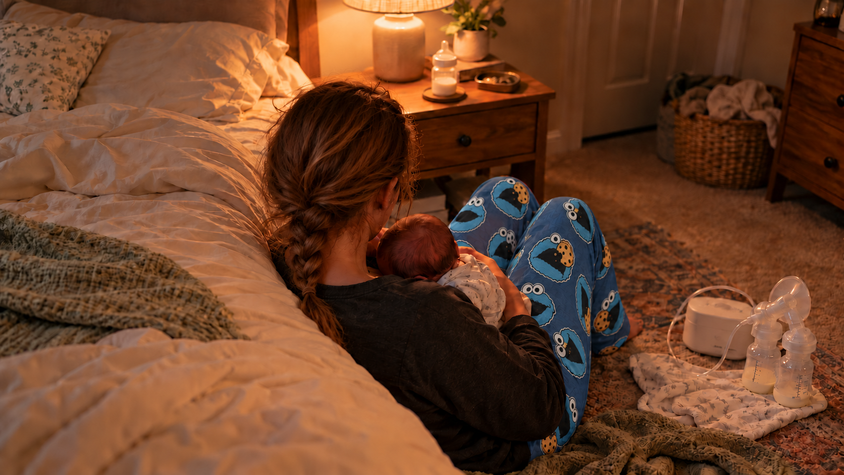 A mother with a loose braid sits on her bedroom floor holding her newborn, wearing blue Cookie Monster pajama pants beside a breast pump in warm lamplight.